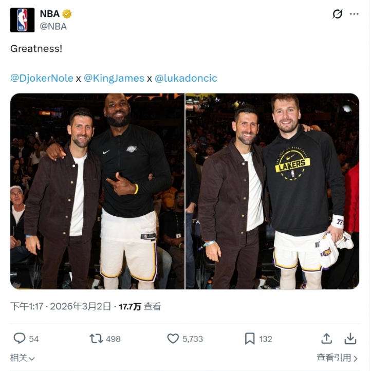 kaiyun-NBA官方晒德约科维奇与詹姆斯&amp;东契奇合影：伟大！